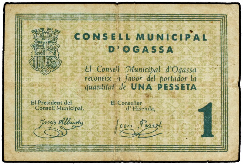 1 Pesseta. Juny 1937. C.M. d´OGASSA. ESCASO. AT-1673. MBC.