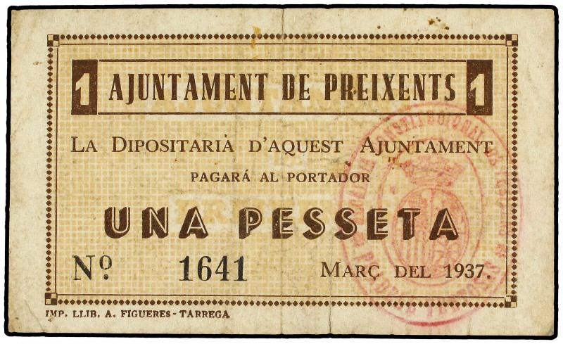 1 Pesseta. Març 1937. Aj. de PREIXENTS. Variante rubricada en el reverso no cata...