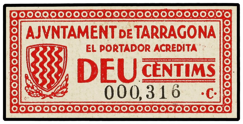 10 Cèntims. 4 Desembre 1937. Aj. de TARRAGONA. Cartón. AT-2438b. EBC+ .