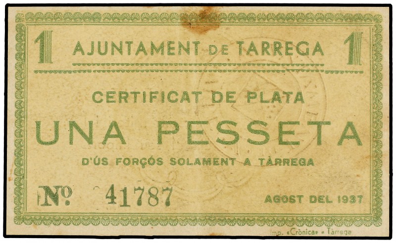 1 Pesseta. Agost 1937. Aj. de TÀRREGA. (Manchita). AT-2444e. EBC.