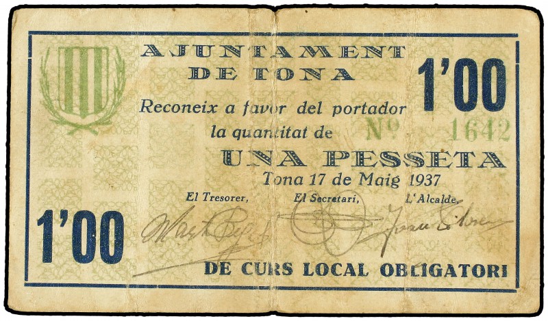 1 Pesseta. 17 Maig 1937. Aj. de TONA. AT-2499. MBC+ .