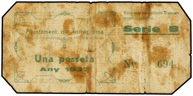 1 Pesseta. Juny 1937. Aj. de TORREGROSSA. (Manchas. Márgenes cortados). ESCASO. ...