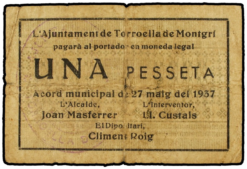 1 Pesseta. 27 Maig 1937. Aj. de TORROELLA DE MONTGRÍ. (Pequeñas roturas). AT-256...