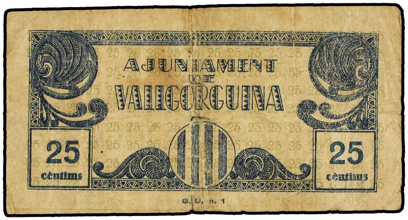 25 Cèntims. Aj. de VALLGORGUINA. (Pequeñas roturas). AT-2677. BC+ .