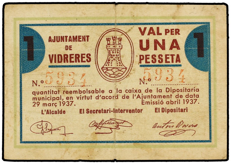 1 Pesseta. 29 Març 1937. Aj. de VIDRERES. (Pequeñas manchitas). ESCASO. AT-2738c...