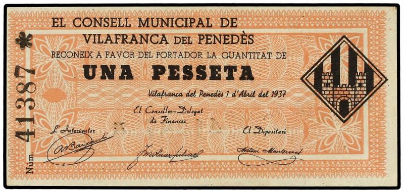 1 Pesseta. 1 Abril 1937. C.M. de VILAFRANCA DEL PENEDÈS. AT-2783a. S/C.