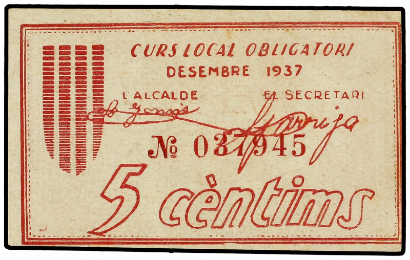 5 Cèntims. Desembre 1937. Aj. de VILASSAR DE DALT. AT-2886c. EBC+.