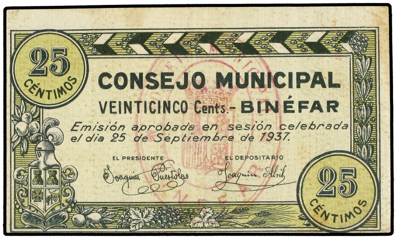 25 Céntimos. 25 Septiembre 1937. C.M. de BINÉFAR (Huesca). Mont-335c. EBC.