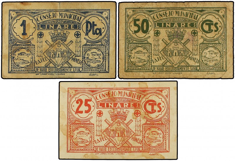 Lote 3 billetes 25, 50 Céntimos y 1 Peseta. C.M. de LINARES (Teruel). (Manchitas...