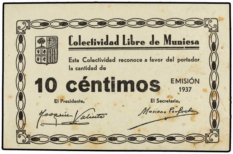 10 Céntimos. 1937. Colectividad Libre de MUNIESA (Teruel). (Leves manchitas). ES...