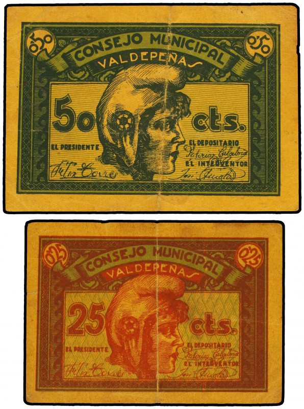 Lote 2 billetes 25 y 50 Céntimos. C.M. de VALDEPEÑAS (Ciudad Real). Mont-1505a, ...