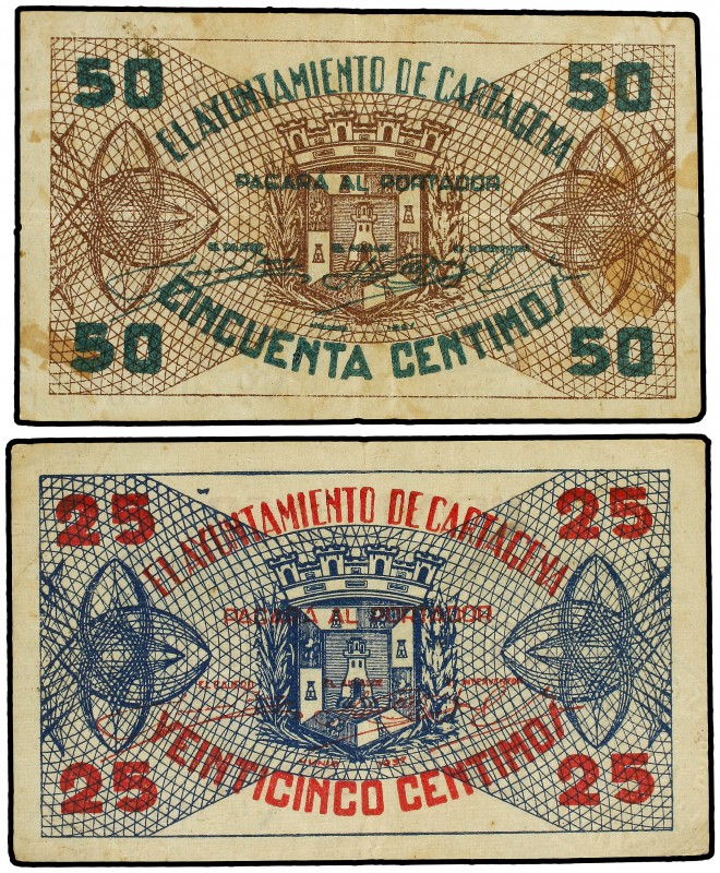 Lote 2 billetes de 25 y 50 Céntimos. Ay. de CARTAGENA (Murcia). (Manchitas). Mon...