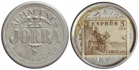 5 Céntimos. (1939-1945). ALMACENES JORBA. BARCELONA. Al. Disco de aluminio y celuloide con sello del Cid en reverso. (Celuloide roto). L-542. MBC.