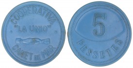 5 Pessetes. COOPERATIVA LA UNIÓ. CANET DE MAR. Baquelita azul. Ø 35 mm. ESCASA. L-413. EBC+.