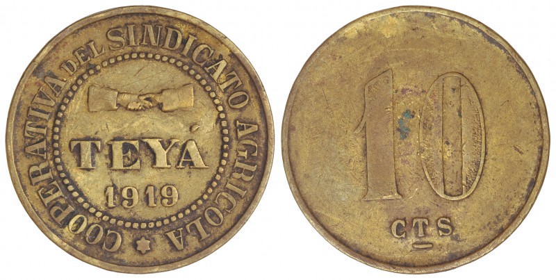 10 Céntimos. 1919. COOPERATIVA DEL SINDICATO AGRÍCOLA. TEYÁ. Latón. (Oxidaciones...