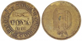 10 Céntimos. 1919. COOPERATIVA DEL SINDICATO AGRÍCOLA. TEYÁ. Latón. (Oxidaciones). L-534. MBC.