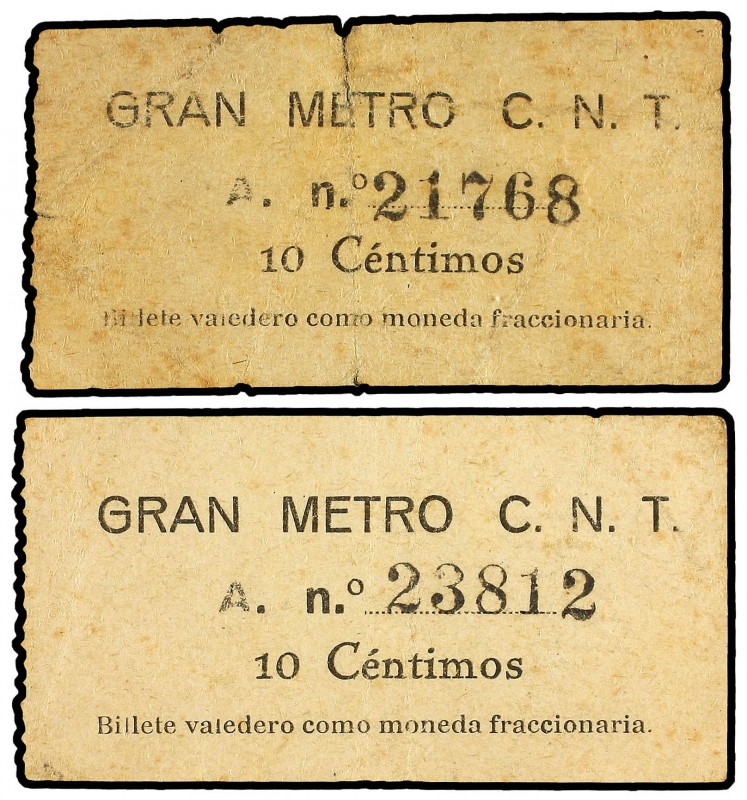 Lote 2 fichas 10 Céntimos. Guerra Civil. GRAN METRO C.N.T. L-1195. MBC- y MBC.