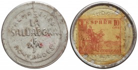 10 Céntimos. ALMACENES LA SOLDADORA. Al. Disco de aluminio con sello del Cid en reverso. MUY ESCASA. L-1388. MBC.