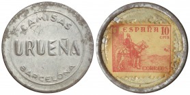 10 Céntimos. CAMISAS URUEÑA. Al. Disco de aluminio con sello del Cid en reverso. (Pequeñas oxidaciones). RARA. L-1392. MBC+.