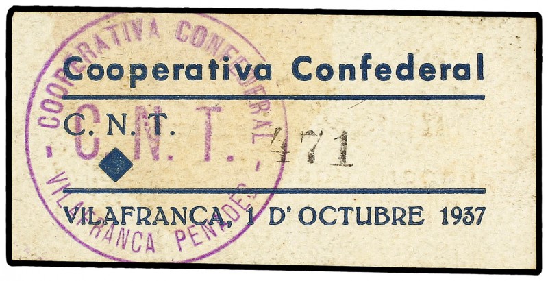 10 Cèntims. 1 Octubre 1937. VILAFRANCA DEL PENEDÉS. COOPERATIVA CONFEDERAL C.N.T...