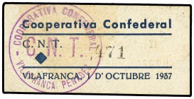 10 Cèntims. 1 Octubre 1937. VILAFRANCA DEL PENEDÉS. COOPERATIVA CONFEDERAL C.N.T. Cartulina. (Leve mancha). RARA. L-2371. EBC.