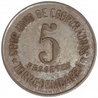 5 Pessetes. Guerra Civil. COOPERATIVA UNIÓ COOPERADORS DE TORREDEMBARRA. L-2545; Olabarría-UC21. EBC-.
