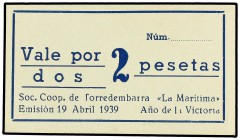 2 Pesetas. 19 Abril 1939. SOCIEDAD COOPERATIVA DE LA MARÍTIMA (TORREDEMBARRA). Cartón. L-2553. SC.