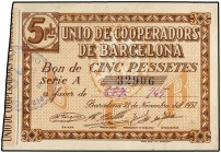 5 Pessetes. 21 Novembre 1937. UNIÓ DE COOPERADORS DE BARCELONA. Serie A. (Arruguitas). EBC+.