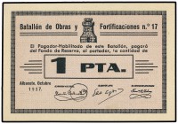 1 Peseta. Octubre 1937. ALBACETE. BATALLÓN DE OBRAS Y FORTIFICACIONES Nº17. ESCASA. RGH-5890. SC-.