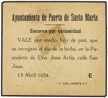 Vale por 1/2 Kg de PAN. 13 Abril 1934. REPÚBLICA ESPAÑOLA. Ay. de PUERTO DE SANTA MARIA (Cádiz). (Manchitas de adhesivo). EBC .