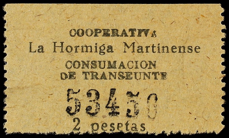 2 Pesetas. COOPERATIVA LA HORMIGA MARTINENSE CONSUMACIÓN DE TRANSEUNTE BARCELONA...