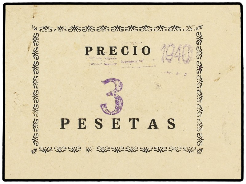 3 Pesetas. 1940. SEU - FALANGE - VIVA ESPAÑA. Cartón. L-No Cat. EBC+ .