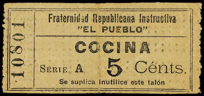 5 Céntimos. Guerra Civil. FRATERNIDAD REPUBLICANA INSTRUCTIVA ´EL PUEBLO´ COCINA...