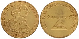 Aneurol / Lacer. Más vale tranquilidad que oro. Imitación 8 Escudos Carlos III 1778. SC.