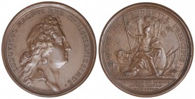 Medalla Tregua de los 20 Años. 1684. LUIS XIV. FRANCIA. Anv.: Busto del rey a derecha. Rev.: VIRTUS PRUDENTIA PRINCIPIS. Palas sentado con lanza y esc...