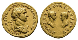 Trajan, with Trajan Pater and Nerva AD 98-117. Struck circa AD 112-113. Rome. Aureus AV