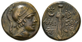 PONTOS. Amisos. Ae (Circa 111-105 or 95-90 BC). Struck under Mithradates VI Eupator.
Obv: Helmeted head of Ares right.
Rev: AMI - ΣOV.
Sword in sheath...