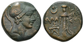 PONTOS. Amisos. Ae (Circa 111-105 or 95-90 BC). Struck under Mithradates VI Eupator.
Obv: Helmeted head of Ares right.
Rev: AMI - ΣOV.
Sword in sheath...