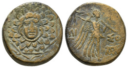 PONTOS. Amisos. Ae (Circa 85-65 BC). Time of Mithradates VI Eupator.
Obv: Aegis facing.
Rev: AMIΣOY.
Nike advancing right with shouldered palm branch....