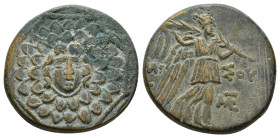 PONTOS. Amisos. Ae (Circa 85-65 BC). Time of Mithradates VI Eupator.
Obv: Aegis facing.
Rev: AMIΣOY.
Nike advancing right with shouldered palm branch....