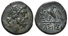 PONTOS. Amisos. Ae (Circa 100-85 BC).
Obv: Laureate head of Zeus right.
Rev: AMIΣOV.
Eagle, with head right, standing left on thunderbolt; monogram to...