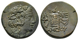 PONTOS. Amisos. Time of Mithradates VI Eupator (Circa 105-90 or 90-85 BC). Ae.
Obv: Head of Dionysos right, wearing ivy wreath.
Rev: AMIΣOY.
Thyrsos l...