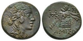 PONTOS. Amisos. Time of Mithradates VI Eupator (Circa 105-90 or 90-85 BC). Ae.
Obv: Head of Dionysos right, wearing ivy wreath.
Rev: AMIΣOY.
Thyrsos l...
