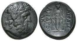 PHRYGIA. Apameia. Ae (Circa 100-50 BC).
Obv: Head of Zeus right, wearing oak wreath.
Rev: AΠΑΜΕΩN.
Facing statue of Artemis Anaitis, with supports 8,8...