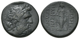 PHRYGIA. Apameia. Ae (Circa 100-50 BC).
Obv: Head of Zeus right, wearing oak wreath.
Rev: AΠΑΜΕΩN.
Facing statue of Artemis Anaitis, with supports 8,0...
