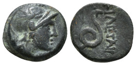 MYSIA. Pergamon. Attalos II Philadelphos (160-139 BC). Ae .
Obv: Head of Athena in Attic helmet right.
Rev: ΦIΛETAIΡOΥ.
Serpent coiled right; monogram...