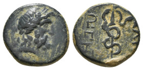 MYSIA. Pergamon. Ae (Mid-late 2nd century BC).
Obv: Laureate head of Asklepios right.
Rev: AΣKΛHΠIOY / ΣΩTHPOΣ.
Serpent-entwined staff. 3,52 g