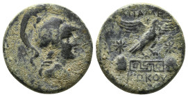 PHRYGIA. Apameia. Ae (Circa 88-40 BC).
Obv: Helmeted bust of Athena right, wearing aegis.
Rev: AΠAMEΩN.
Eagle landing right on maeander pattern; star ...
