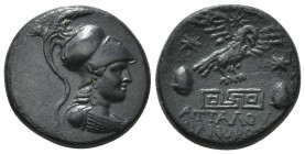 PHRYGIA. Apameia. Ae (Circa 88-40 BC).
Obv: Helmeted bust of Athena right, wearing aegis.
Rev: AΠAMEΩN.
Eagle landing right on maeander pattern; star ...