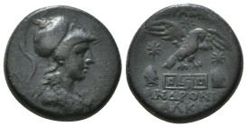 PHRYGIA. Apameia. Ae (Circa 88-40 BC).
Obv: Helmeted bust of Athena right, wearing aegis.
Rev: AΠAMEΩN.
Eagle landing right on maeander pattern; star ...
